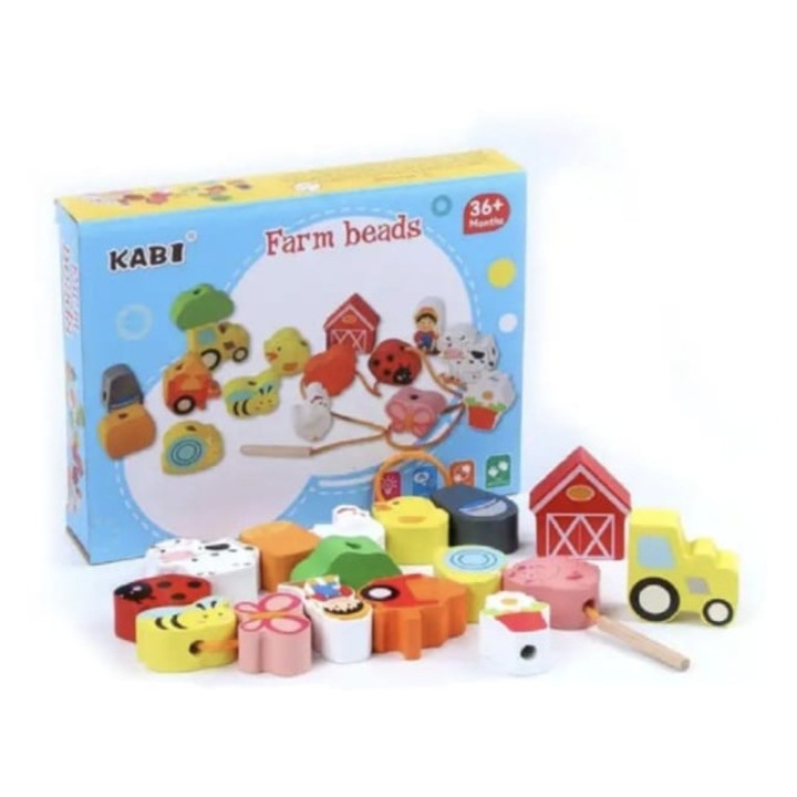Joc de tip Montessori, Ferma, margele din lemn, 3 ani