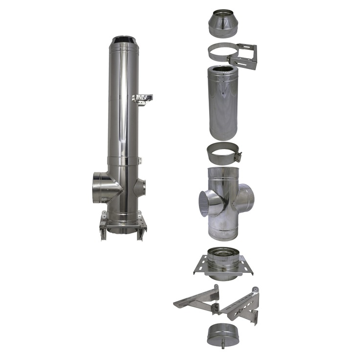 COS DE FUM D160/220 mm - H 4 m - plecare intermediara, teu 90 grade cu usita, terminatie conica