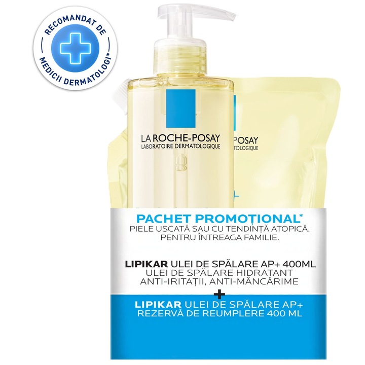 Pachet La Roche-Posay Ulei de spalare hidratant pentru piele uscata sau cu tendinta atopica Lipikar AP+, 400 ml + Rezerva, 400 ml