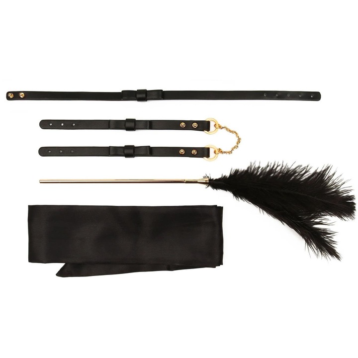 Комплект от 4 части Taboom Desires Tease Bondage, с нашийник, белезници, копринена панделка, играчка с пера