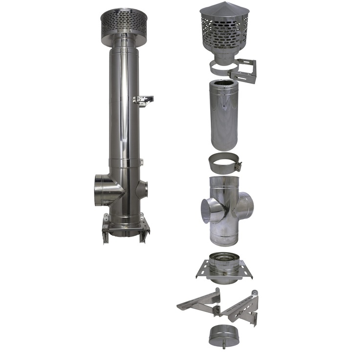 COS DE FUM D160/220 mm - H 5 m - plecare intermediara, teu 90 grade cu usita, palarie antiscanteie