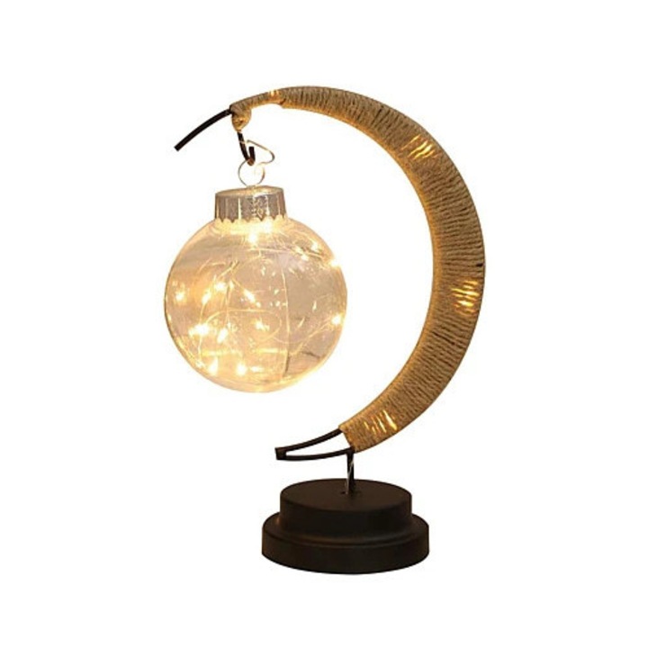 Decoratiune Luminoasa LED Semiluna cu Glob din Sticla, Lumina Calda, Design Elegant Modern, Alimentare cu Baterii