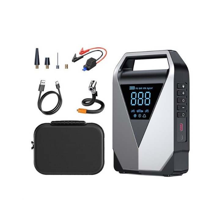 Стартер за кола с бустер + компресор за кола, Power Bank и многофункционален фенер – 12V, цифров дисплей