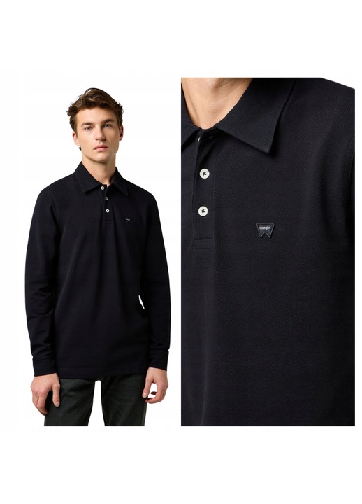 Мъжка поло тениска, Wrangler, LS Polo Shirt, Regular Fit, с яка, с лого, класически дизайн, дълъг ръкав, памук, S INTL, черен