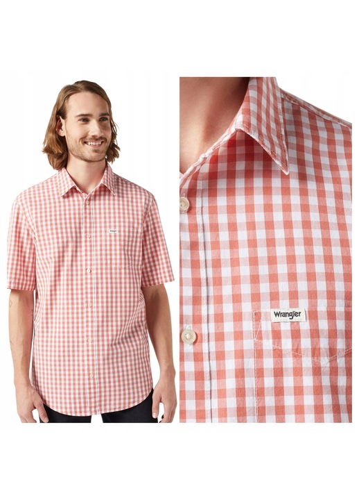 Мъжка риза, Wrangler, риза с 1 джоб, стандартна кройка, с яка, с лого, класически дизайн, къси ръкави, памук, M INTL, червена
