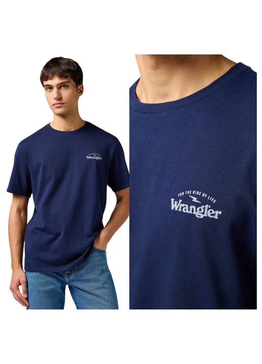 Мъжка тениска, Wrangler, С графичен принт, Стандартна кройка, Кръгло деколте, С лого, Класически дизайн, Къси ръкави, Памук, M INTL, Синя