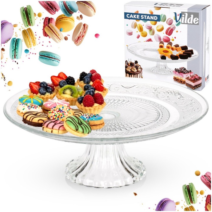 Tortalátét és Süteményes Tál, Vilde, 25 cm, Átlátszó, Üvegből, Elegáns Kristályutánzatú Részletekkel, Lenyűgöző Tálalás Gyümölcsöknek, Édességeknek és Desszerteknek, Mosogatógépben Mosható, Elragadó Design