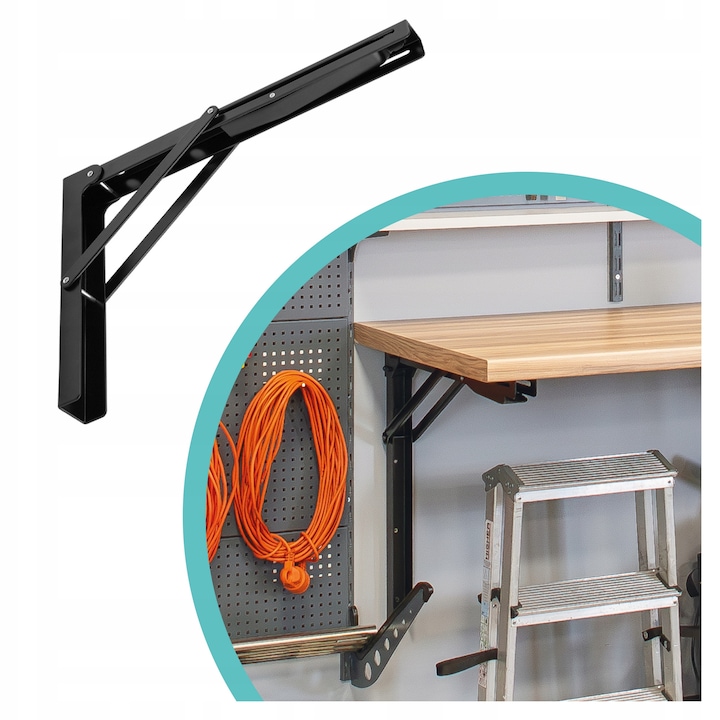 Suport pentru rafturi, INTEGRI, Model WSF, 400 mm, otel negru, 130kg, sistem de pliere eficient, ideal pentru blaturi de lucru, maximizeaza spatiul util si ofera forta maxima