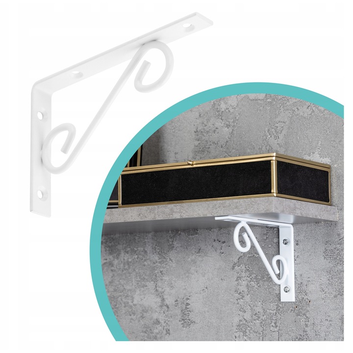 Suport pentru rafturi, INTEGRI, Model WOP, 250x125 mm, otel alb, constructie rezistenta din otel, design vintage superb, transforma raftul intr-o decoratiune spectaculoasa