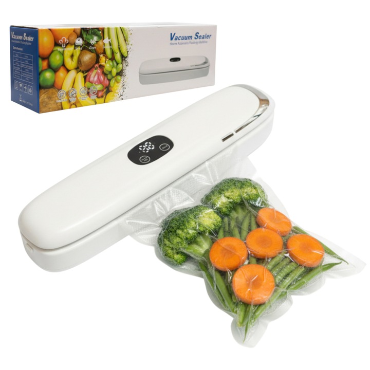 Aparat de vidat alimente MASTPAD, electric, sigilare automata pungi, 10 pungi incluse, pentru bucatarie, pastrare proaspata carne, legume si fructe, alb
