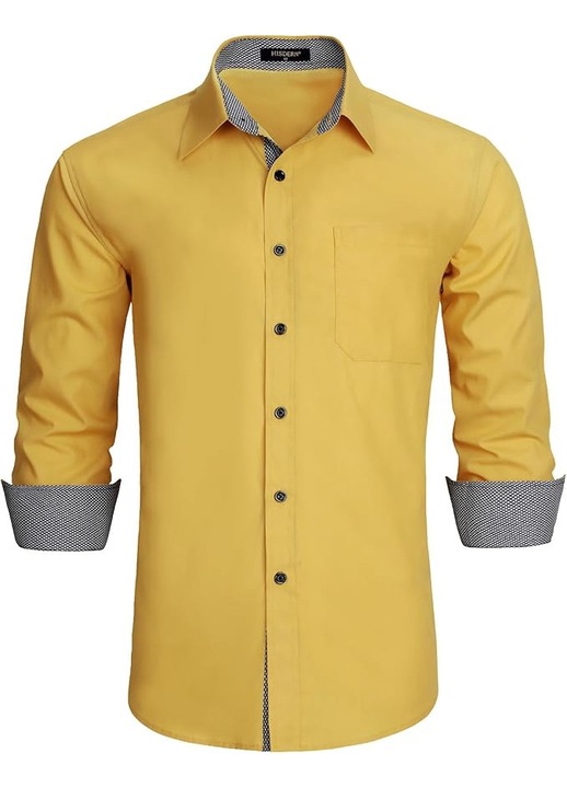 Camasa pentru Barbati cu Guler si Mansete cu Model – Bumbac wqfdi Poliester, Eleganta, Potrivita pentru Business & Evenimente, Galben