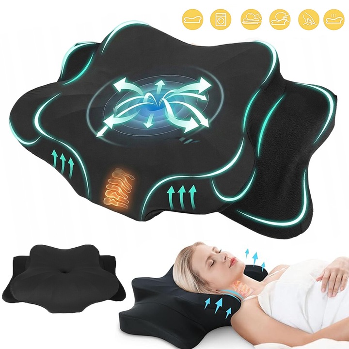 Perna Ortopedica din Spuma cu Memorie, Bedee, Design Ergonomic, pentru dormitul lateral, spate sau stomac, Husa lavabila, pentru Gat si Suport Cervical, Relaxare si Aliniere a Coloanei, 62x38cm, Negru