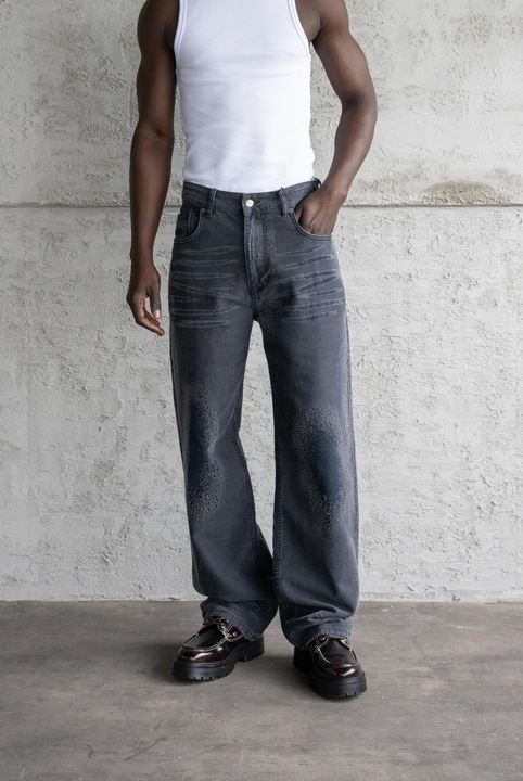 Férfi Machinist Baggy, koptatott, fekete, pamut farmer