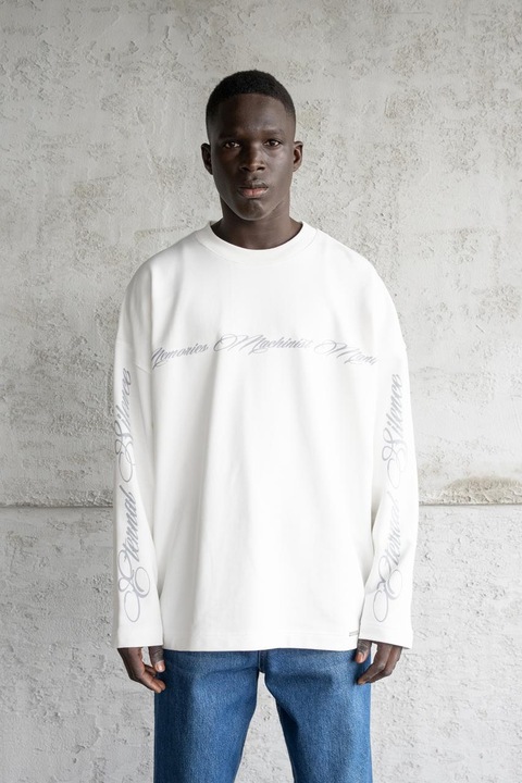 Bluza oversize pentru barbati Machinist, imprimeu caligrafic, tricot, ecru