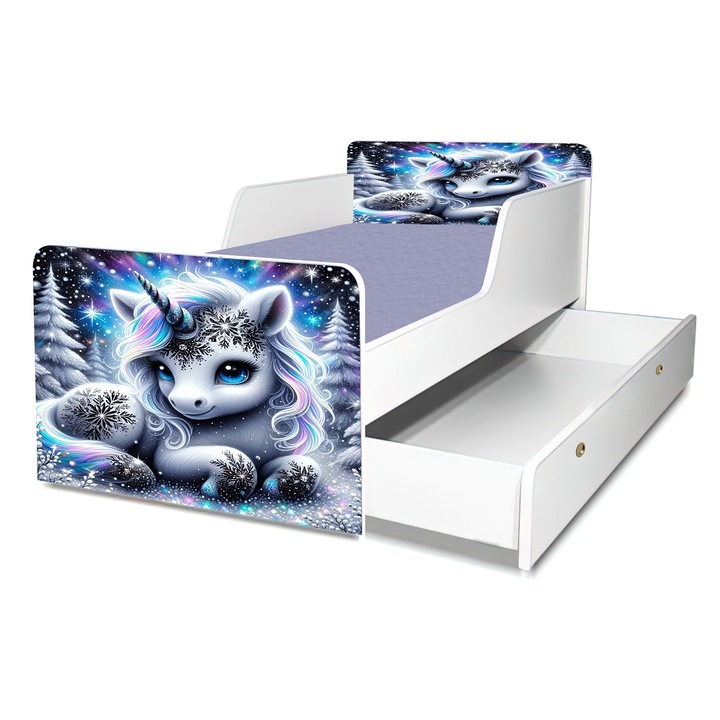 Легло Еднорог, 130x60 см, с чекмедже, предпазител и включен матрак