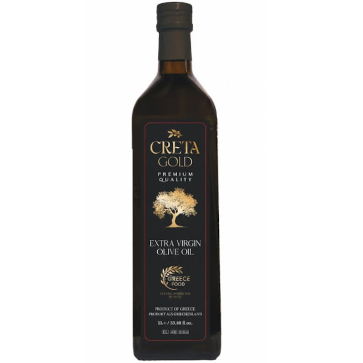 Ulei de masline Extra Virgin 1L Creta Gold Premium Quality, Recolta 2025, 100% Koroneiki, presat la rece, aroma fructata cu note de ierburi, gust usor picant, sticla inchisa la culoare, origine Creta, Grecia, valabilitate 07/07/2027, pentru bucatarie 100%