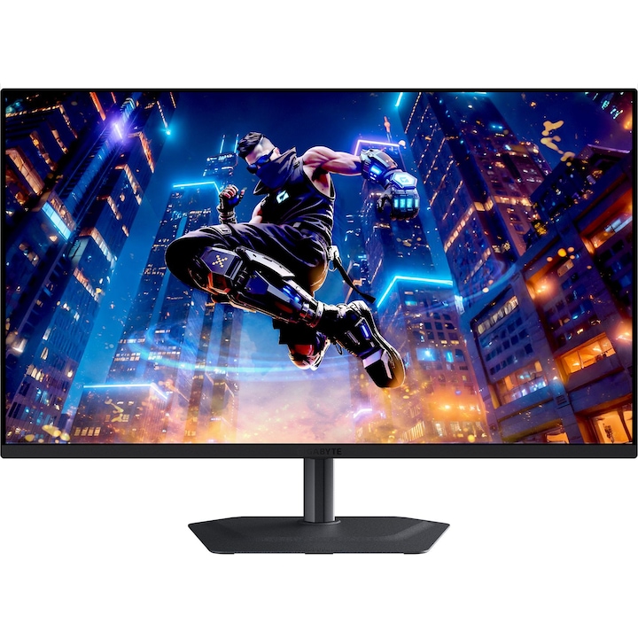 Монитор 31.5'' GIGABYTE MO32U2, QD-OLED, 3840x2160, 1 x DisplayPort 1.4, 1 x Audio Out, 1 x USB 3.2 Upstream, 2 x USB 3.2 Downstream, 2 x HDMI 2.1, 1 x USB Type-C Upstream захранващ порт, Вградени високоговорители 2 x 5W