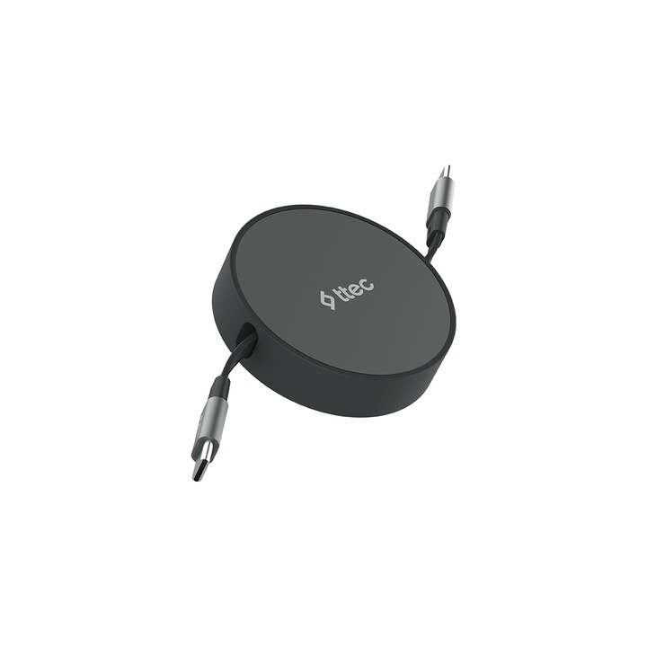Cablu de date ttec, USB-C la USB-C, Mini, Retractabil, 100W, 120cm, Cosmic Black, Negru