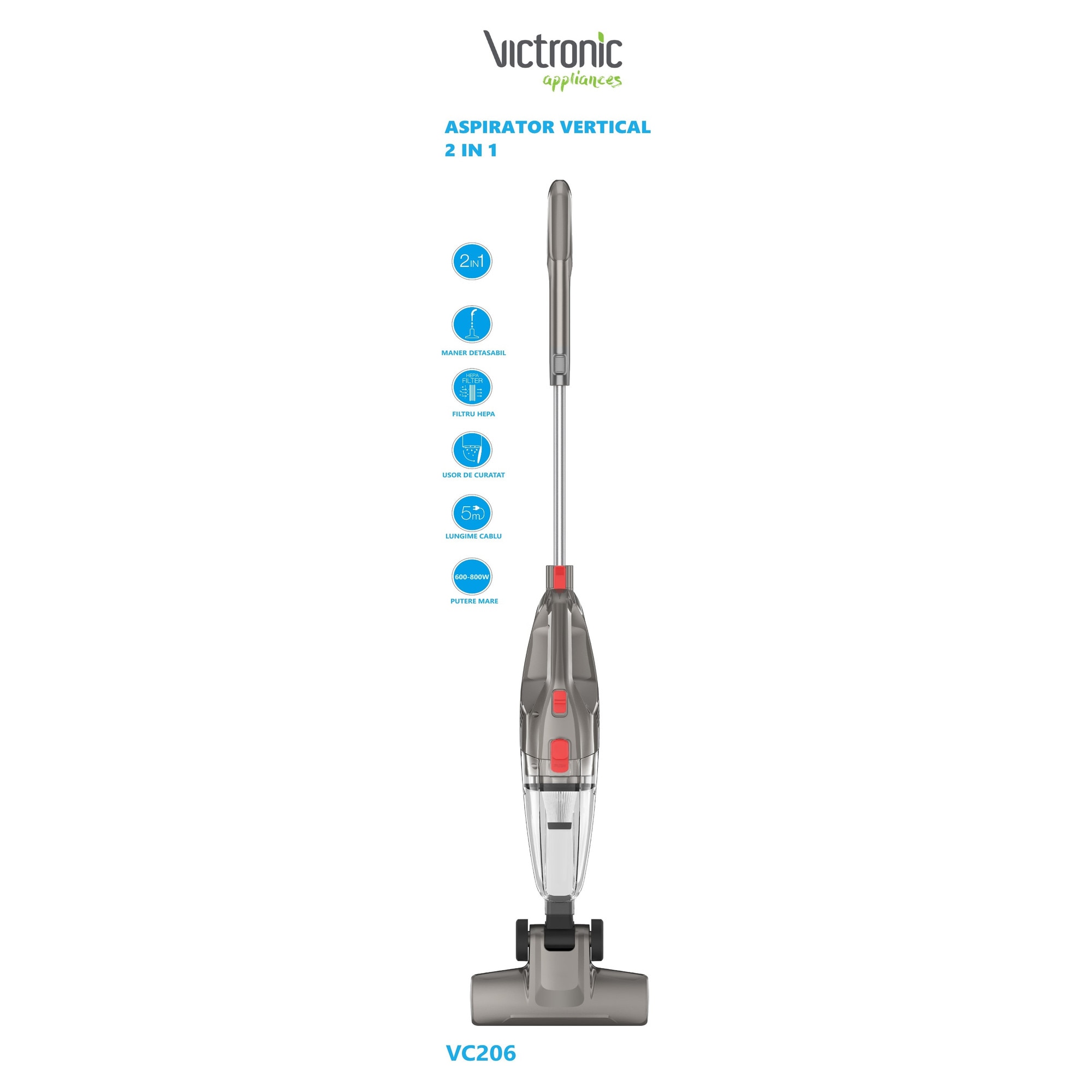 Aspirator vertical 2in1 VICTRONIC, 600-800W, filtru HEPA, cablu 5m, gri