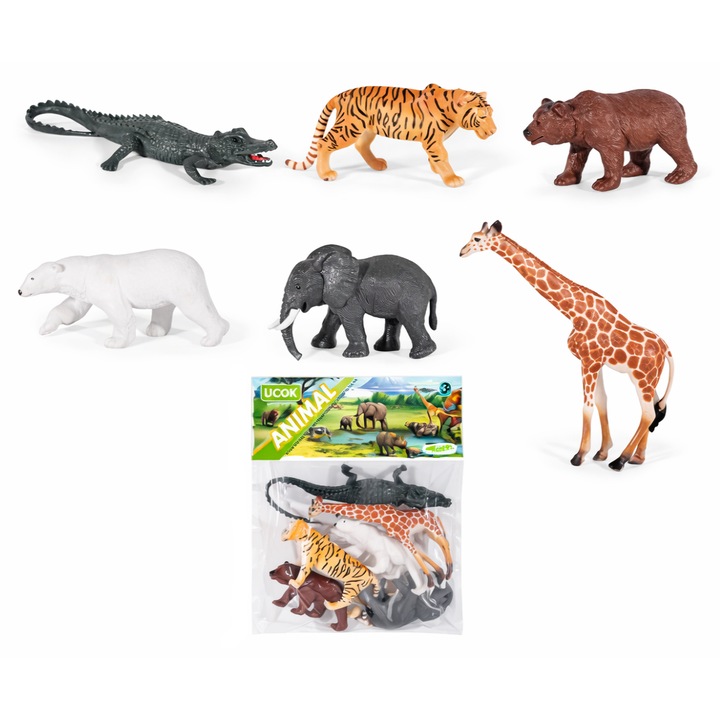 Set Figurine Animale Salbatice din Plastic, Girafa, Elefant, Tigru, Urs Polar, Urs Brun, Crocodil, 12x21.5 cm, Multicolor
