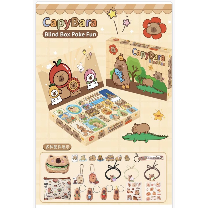 Cutie surpriza Capybara pentru copii – set blind box cu figurine, brelocuri si accesorii dragute, jucarii colectionabile kawaii, cadou creativ 4+ ani