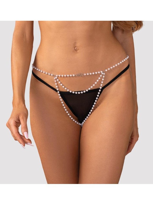 Szexi bugyi, Obsessive, Lyxa modell, hátul állítható, ékszer elemek, fekete, 60% gyanta, 40% vas fém, One Size INTL