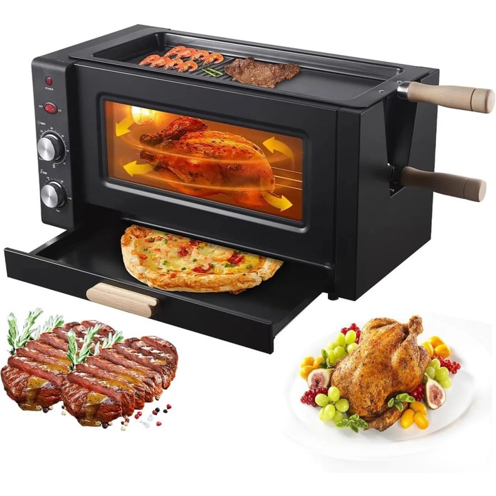 Cuptor 3 in 1, pentru grill, copt, pizza, capacitate 25L, putere 3000W, temperatura reglabila 0–230 ℃, temporizator, multiple functii, negru