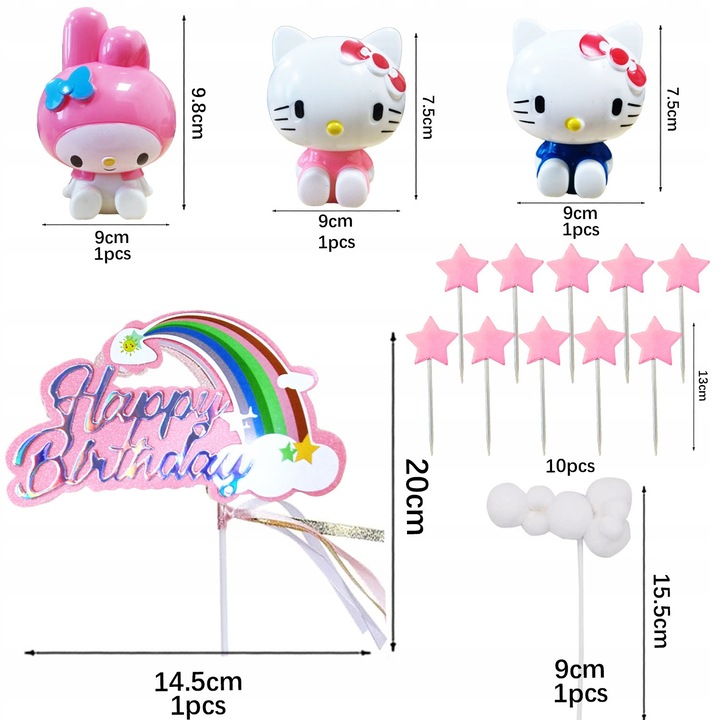 Set decorativ tort Hello Kitty si My Melody, 15 elemente, multicolor