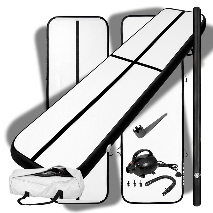 Felfújható Tornaszőnyeg, Airtrack 3m Akrobatikához GALAXIA® 300 x 100 x 20 cm, Elektromos Pumpával, Hordtáskával és Javítókészlettel, Professzionális PVC, Fekete