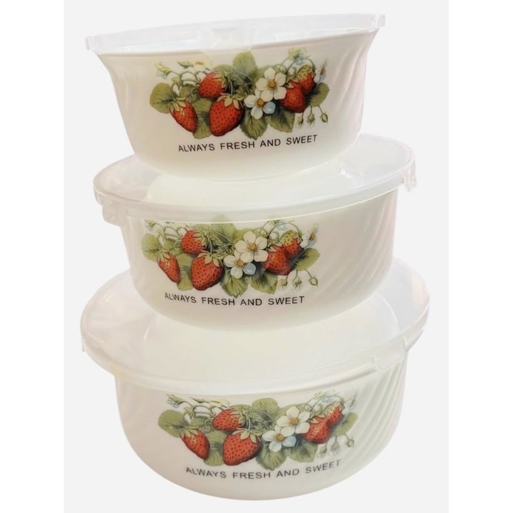 Set 3 Caserole Opal Capac Plastic, Etansare vid, Model Capsuni, 14/16, 5/19, 5 cm