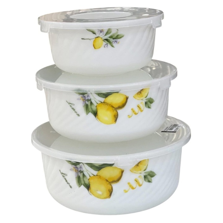 Set 3 Caserole Opal Capac Plastic, Etansare vid, Model Lamai, 14/16, 5/19, 5 cm