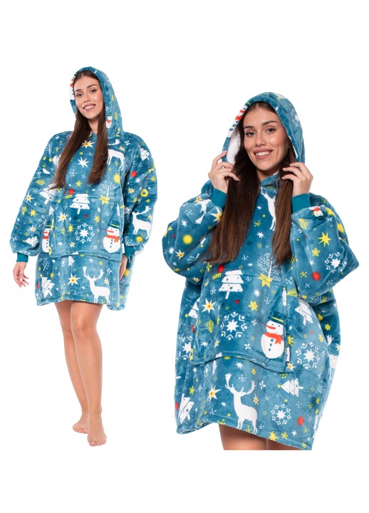 Суитшърт одеяло 2в1 Oversize с качулка и шерпа, Универсален размер, Синя със снежни човеци, OEKO-TEX Сертификат