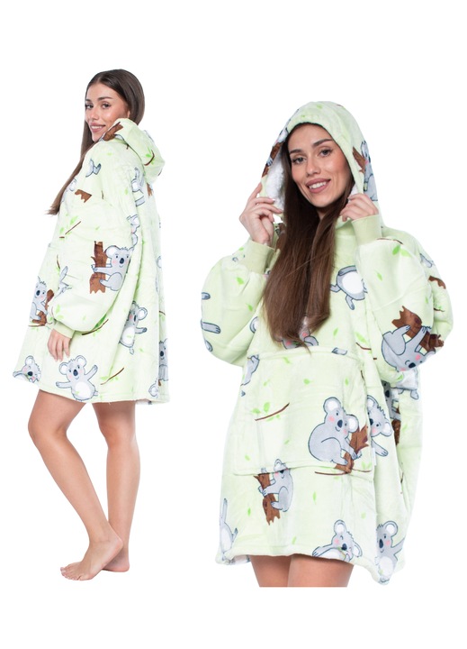 Суитшърт одеяло 2в1 Oversize XXL с качулка и джоб кенгуру, топла пухкава шерпа, универсален размер, Зелен на коали, OEKO-TEX сертификат