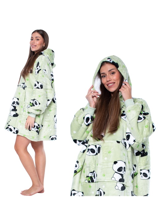 Суитшърт одеяло 2в1 Oversize с качулка и дебела шерпа, Зелена на панди, голям джоб кенгуру, мек и топъл, универсален размер