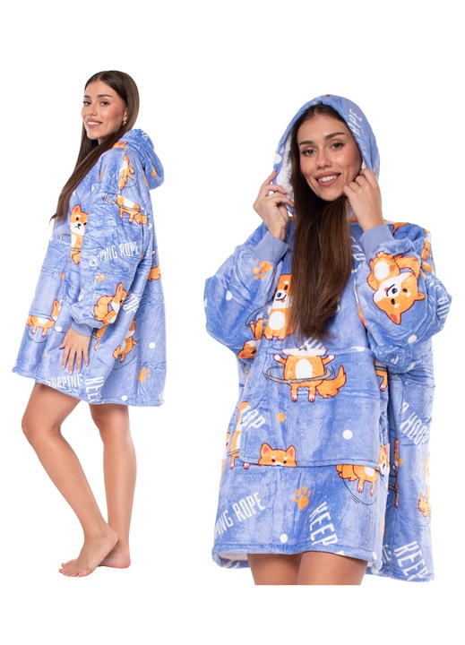 Суитшърт одеяло 2в1 овърсайз с качулка, дебела шерпа и пухкав фланел, универсален размер, десен Лилаво с кучета, сертификат OEKO-TEX