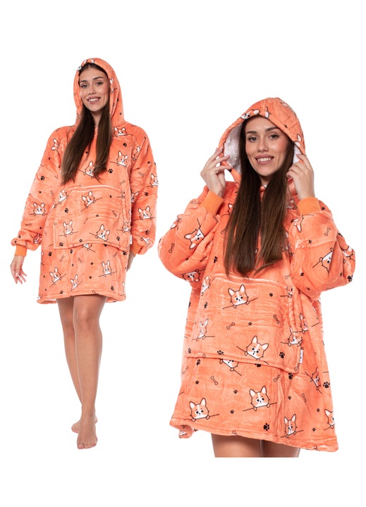 Суитшърт одеяло 2в1 с качулка и джоб кенгуру, Пухкав Oversize халат с дебела шерпа, Универсален размер, Оранжев с кучета, OEKO-TEX