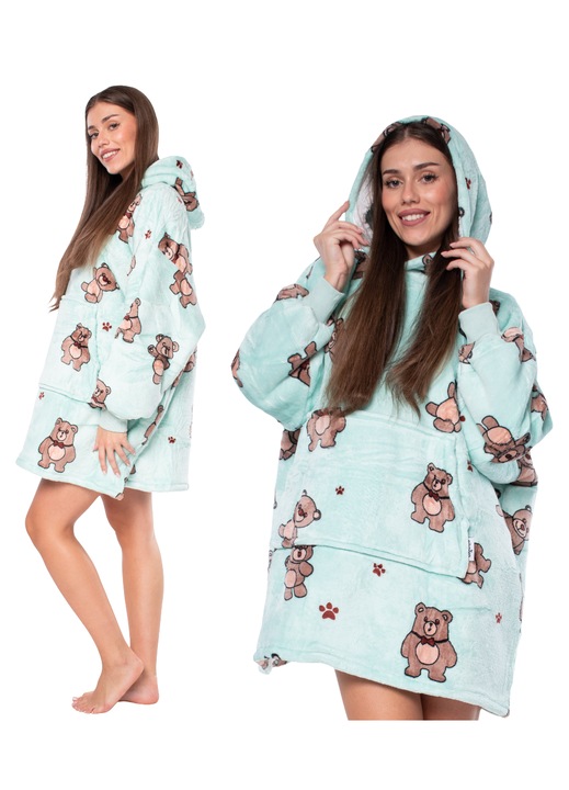 Суитшърт Одеяло 2в1 Oversize с Качулка, Дебела Шерпа и Фланел, Пухкаво и Топло, Синьо на Мечета, OEKO-TEX, Универсален размер