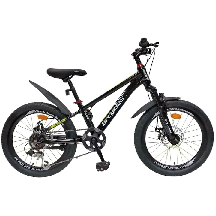 Bicicleta copii 20" BR Tornado, cadru aluminiu 12", manete revoshift, frane disc, 7 viteze, negru/galben fluo, varsta 7-10 ani Negru/Galben fluo