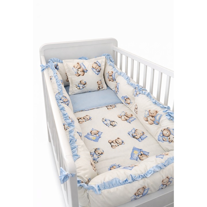 Бебешки спален комплект Син биберон, ТЕДИ-ДЕНИ 1, С обиколници, 8 части, 120/60, Син