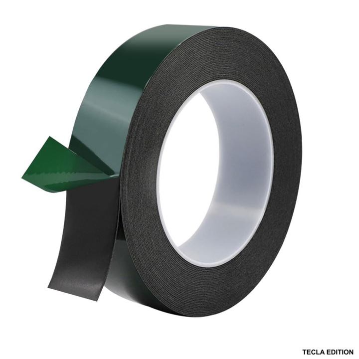 Banda dublu adeziva din spuma neagra ultra-lata, 25mm x 10m, rezistenta la apa si UV, pentru fixari profesionale si industriale, cu folie verde