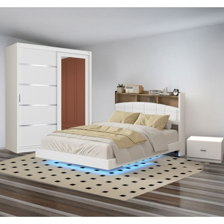 Set dormitor CELA, pat tapitat alb 160x200, dulap 150x210x61cm, noptiera 48x32x35cm