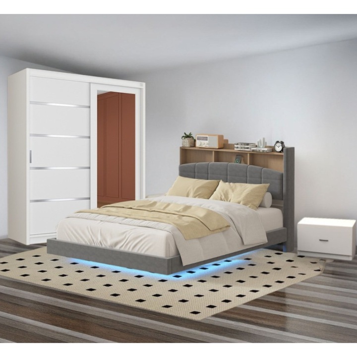 Set dormitor CELA, pat tapitat cu LED, gri, 160x200cm, dulap 150x210x61cm, noptiera 48x32x35cm
