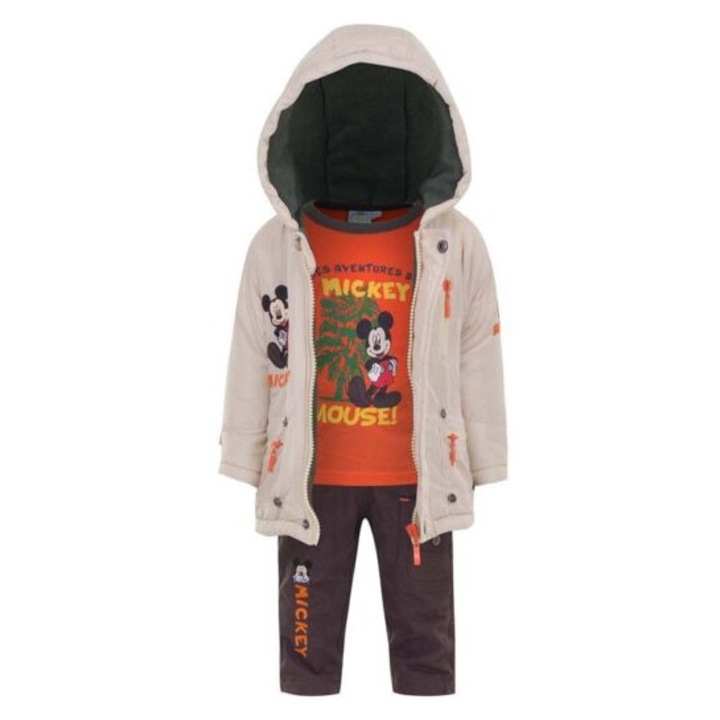 Set 3 piese, Mickey Mouse,geaca, bluza cu maneca lunga si pantaloni Adventures, bej, Bej