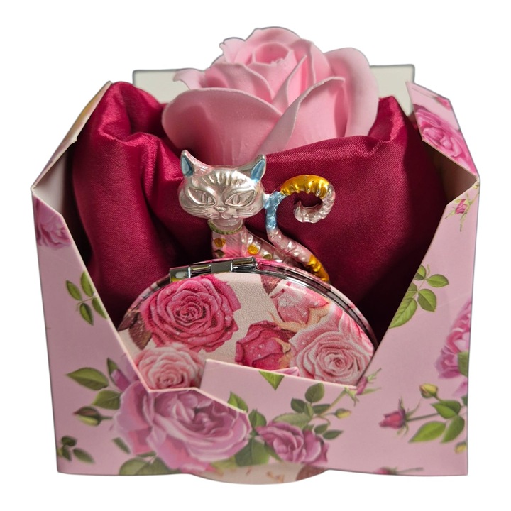 Pachet cadou, CautUnCadou, esarfa matase naturala 160x50cm, brosa pisica, oglinda geanta, cutie cadou 12x9.5x8cm, roz magenta