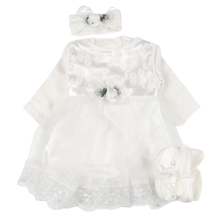 Set pentru nou-nascuti, 4 piese, Model Printesa, culoare Alb 62 CM