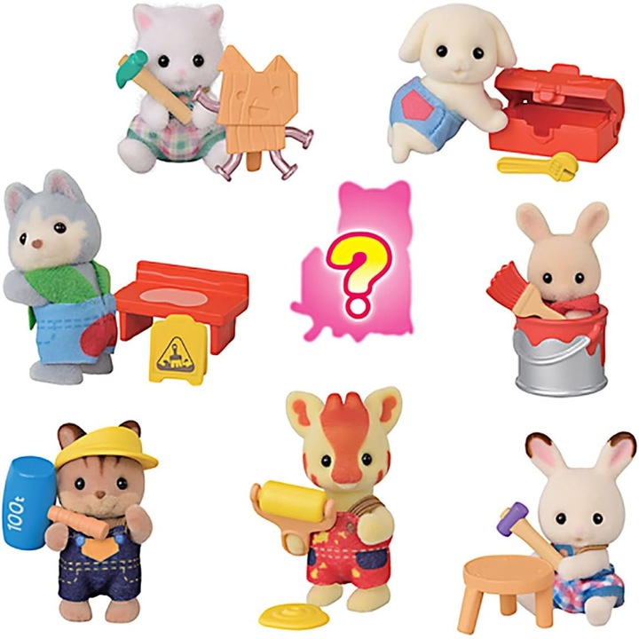 Figurina Surpriză Constructori, Sylvanian Families, set 8 figurine, multicolor, 2.5x3x5cm