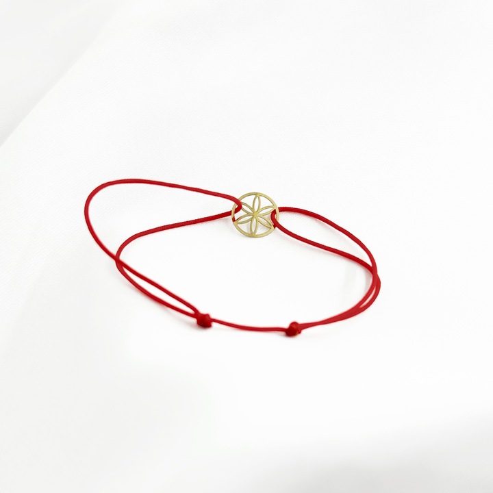 Bratara Aur 585 (14K) Floarea Vietii – Snur Rosu, Simbol Armonie si Energie