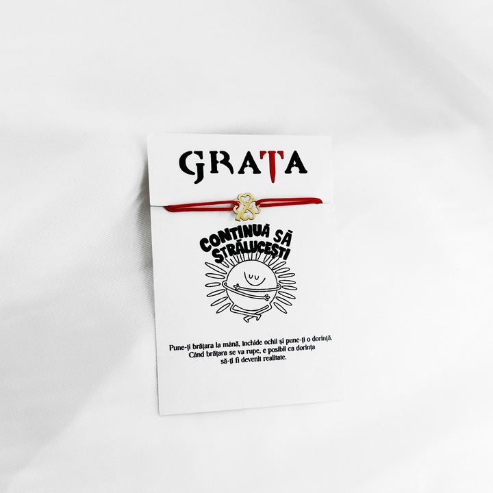 Bratara din aur 585 (14K) Trifoi, snur rosu reglabil, simbol noroc si prosperitate