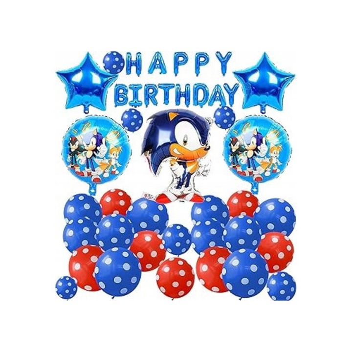 Set petrecere baloane Sonic, 9 elemente, baloane auto-sigilante, banner "Happy Birthday"