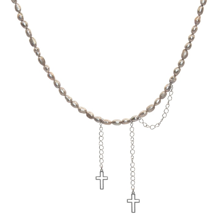 Colier Twilight handmade - perle de cultura gri si otel inoxidabil